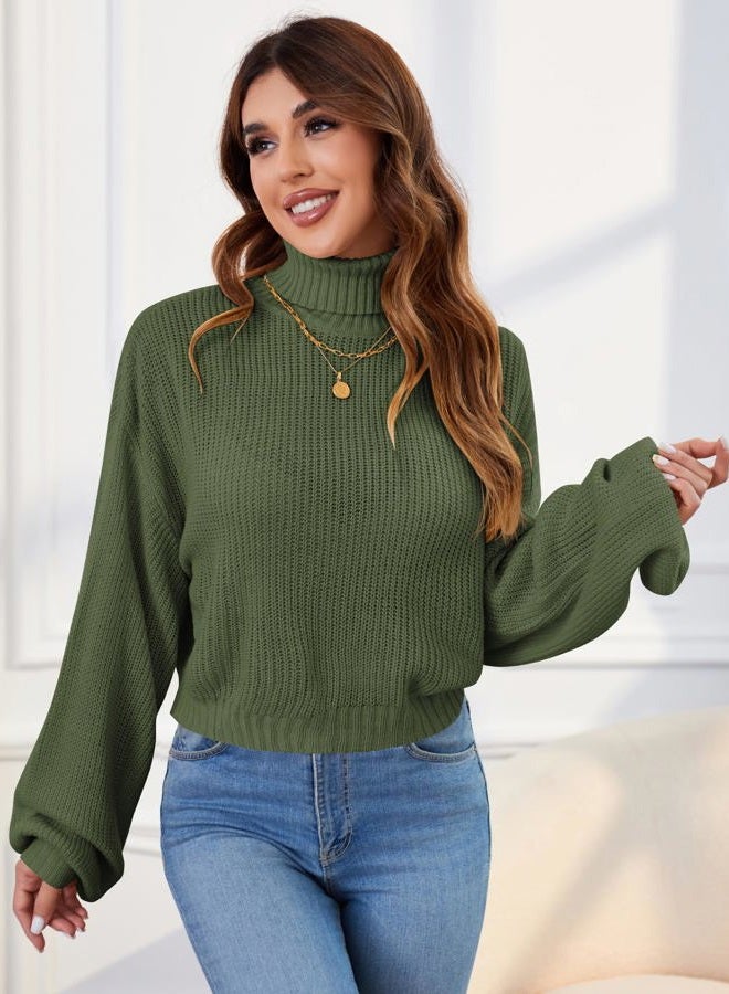 ZAFUL Women's Crew Neck Long Sleeve Pullover Crop Sweater Mock Neck Lantern Sleeve Ribbed Knit Cropped Sweater, 12-green, S - Image 4