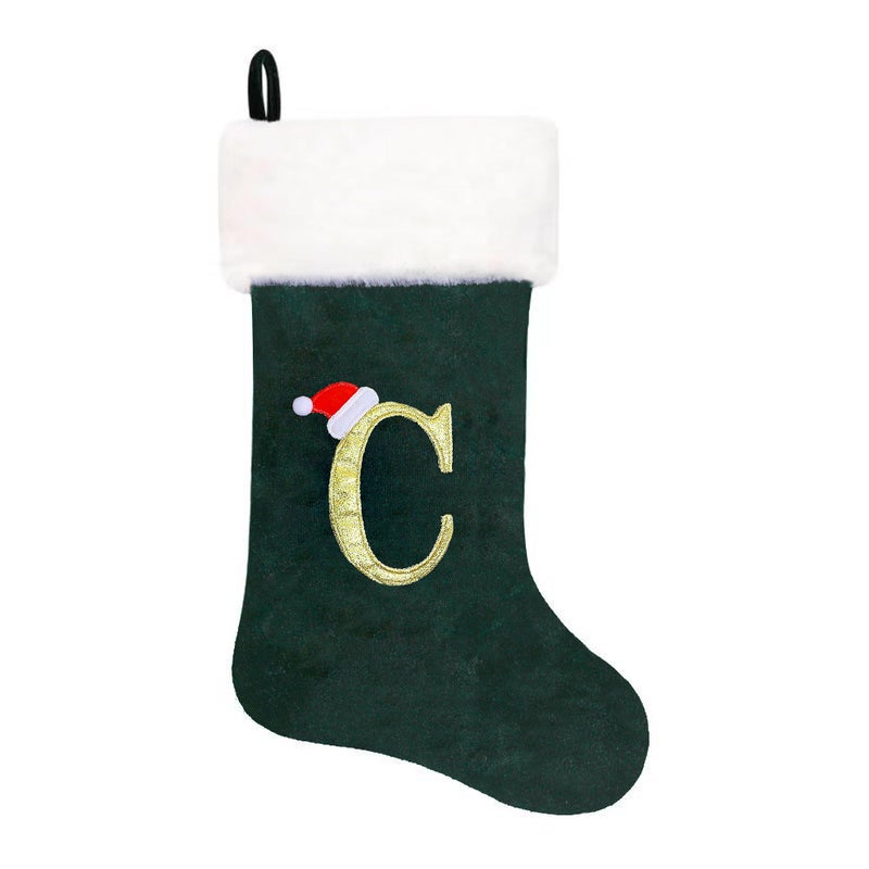 Eoocan 20 Inches Monogram Christmas Stockings Green Velvet With White Super Soft Plush Cuff Embroidered Xmas Stocking Classic Personalized Stocking Decoration For Family Holiday Season Decor(Letter C)