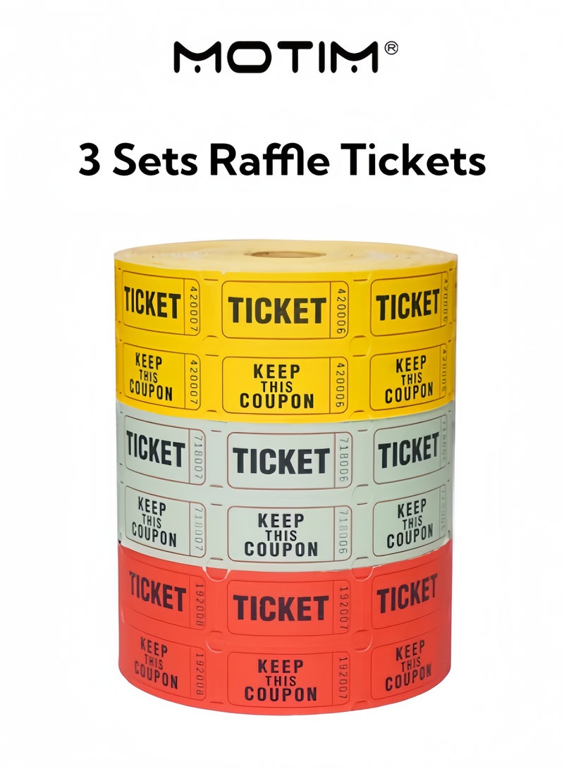 Motim 3 Set Raffle Tickets 50/50 Double Roll of 1000 Premium Quality Easy Tear Paper for Events & Fundraiser & Entry & Class Rewards (Red, Yellow, Green) - Image 1