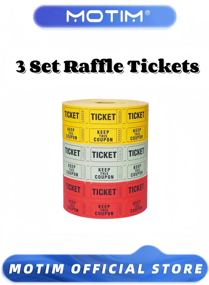 Motim 3 Set Raffle Tickets 50/50 Double Roll of 1000 Premium Quality Easy Tear Paper for Events & Fundraiser & Entry & Class Rewards (Red, Yellow, Green)  - Image 1