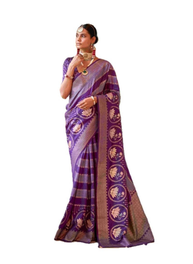 Grab Mantra Violet Banarasi heavy Lotus Design saree with weaving traditional border Plus unstitched blouse. - Image 1