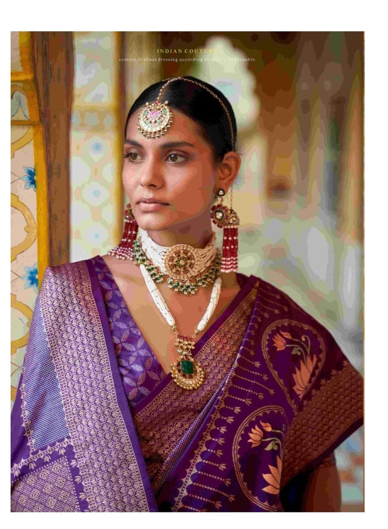 Grab Mantra Violet Banarasi heavy Lotus Design saree with weaving traditional border Plus unstitched blouse. - Image 2