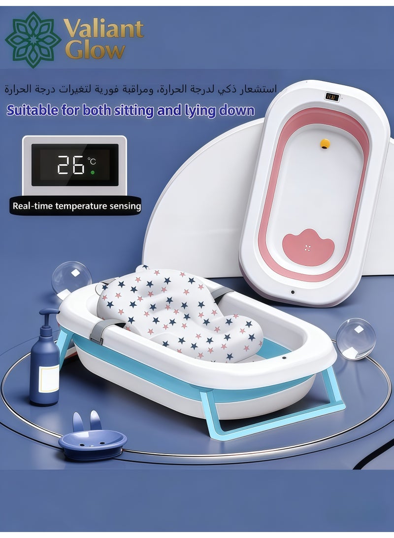 توهج شجاع حوض استحمام للأطفال قابل للطي مع وسادة ناعمة وميزان حرارة | حوض استحمام للأطفال حديثي الولادة مزود بفتحة تصريف وقابل للتثبيت على الحائط | أرجل دعم غير قابلة للانزلاق | أحواض استحمام كبيرة محمولة وآمنة للسفر للأطفال حديثي الولادة. - Image 3