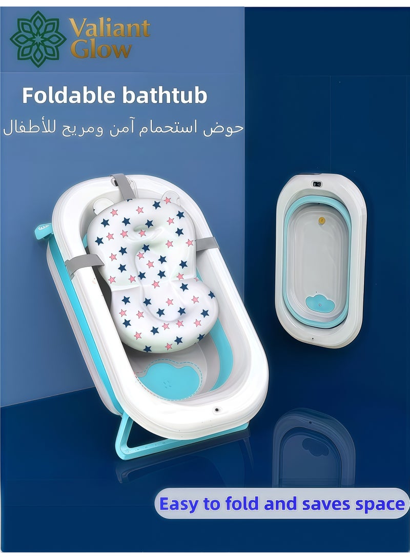 توهج شجاع حوض استحمام للأطفال قابل للطي مع وسادة ناعمة وميزان حرارة | حوض استحمام للأطفال حديثي الولادة مزود بفتحة تصريف وقابل للتثبيت على الحائط | أرجل دعم غير قابلة للانزلاق | أحواض استحمام كبيرة محمولة وآمنة للسفر للأطفال حديثي الولادة. - Image 5