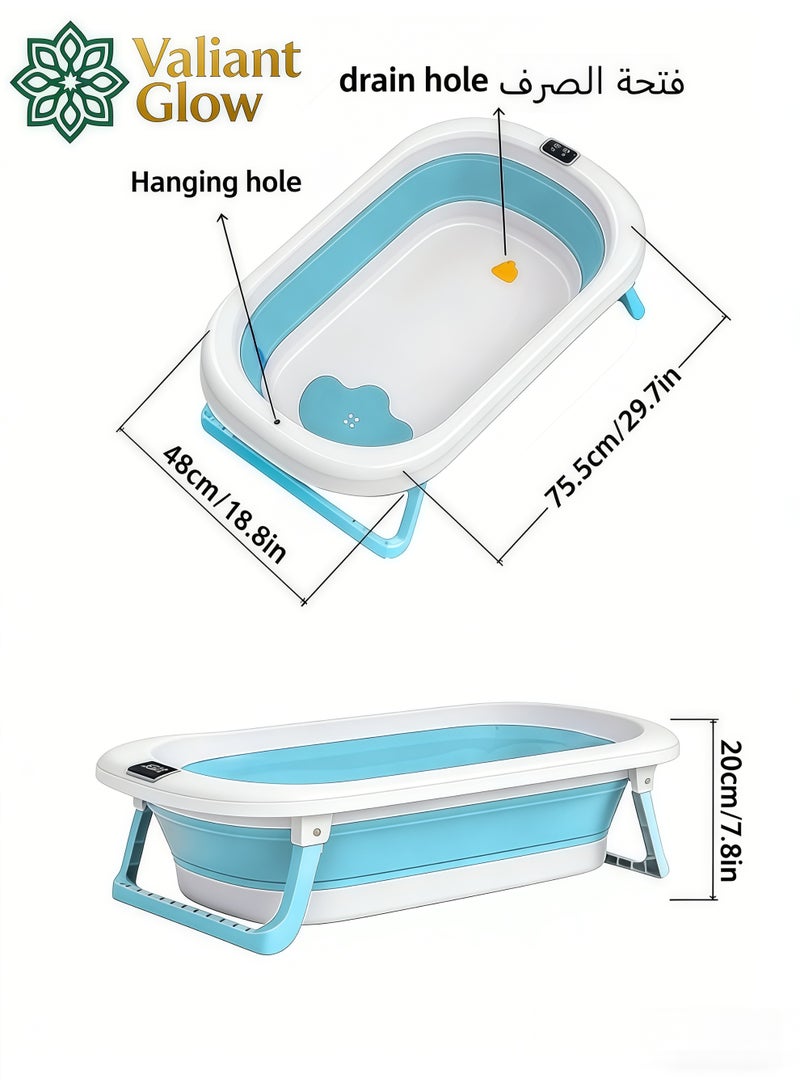 توهج شجاع حوض استحمام للأطفال قابل للطي مع وسادة ناعمة وميزان حرارة | حوض استحمام للأطفال حديثي الولادة مزود بفتحة تصريف وقابل للتثبيت على الحائط | أرجل دعم غير قابلة للانزلاق | أحواض استحمام كبيرة محمولة وآمنة للسفر للأطفال حديثي الولادة. - Image 4