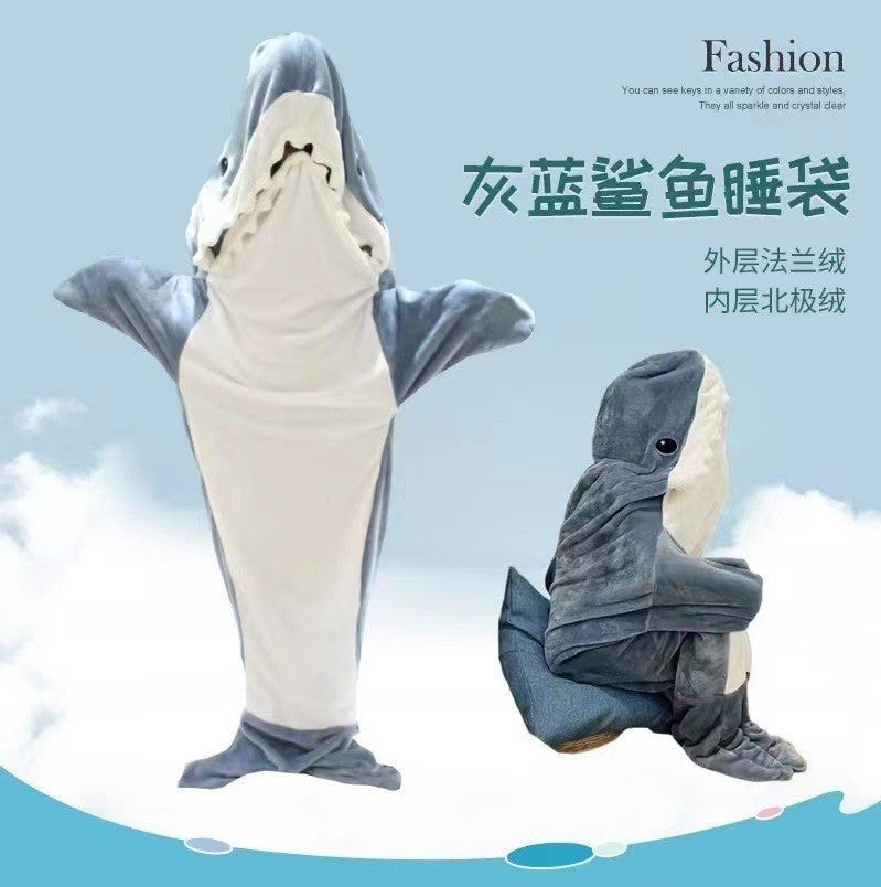 Cross-border cute shark sleeping bag flannel conjoined pajamas home shark conjoined dormitory office student blanket - Image 1