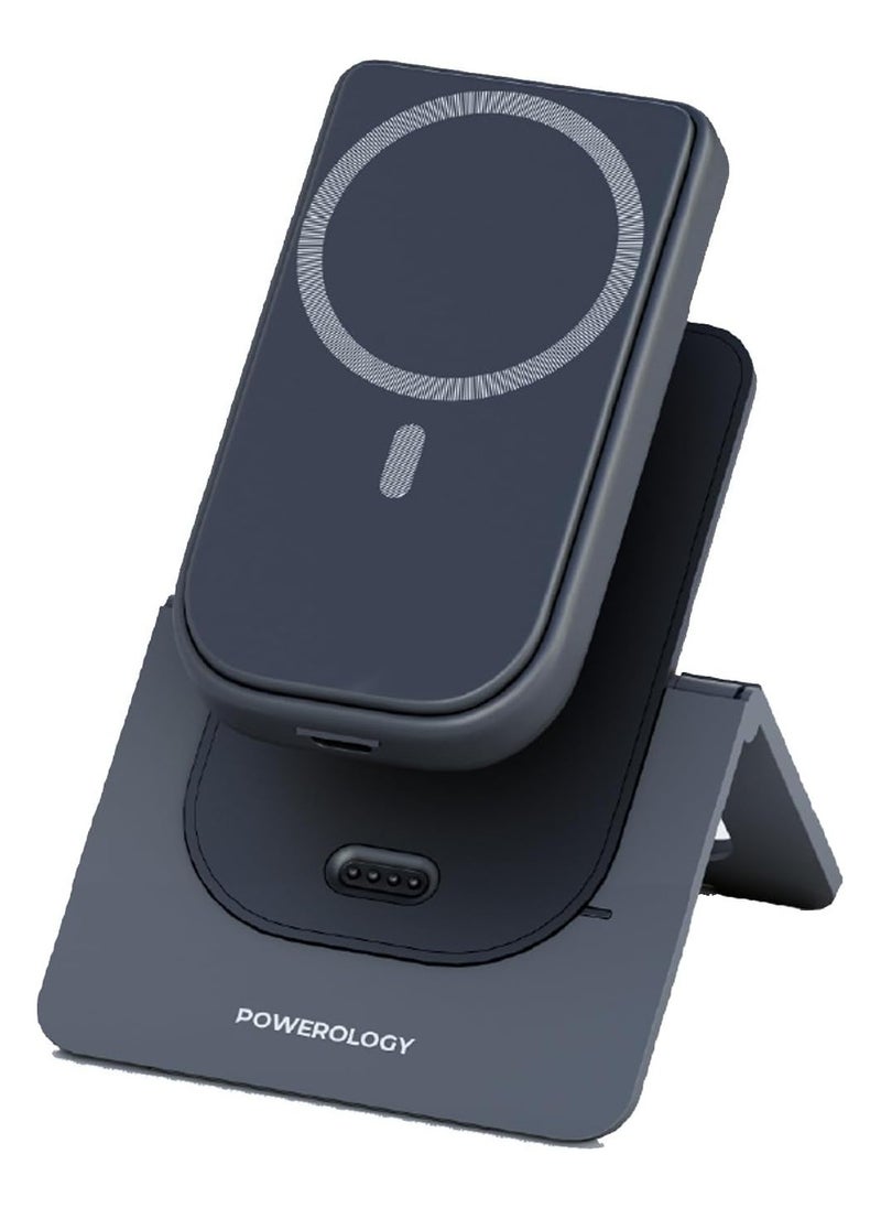 باورولوجي - Powerology 15W Wireless 10000mAh Magnetic Charging Combo (Power Bank + Charging Stand) Pass-Through Technology, Built-In Safeguards, USB-C Charging, PD 20W (Grey) - Image 1