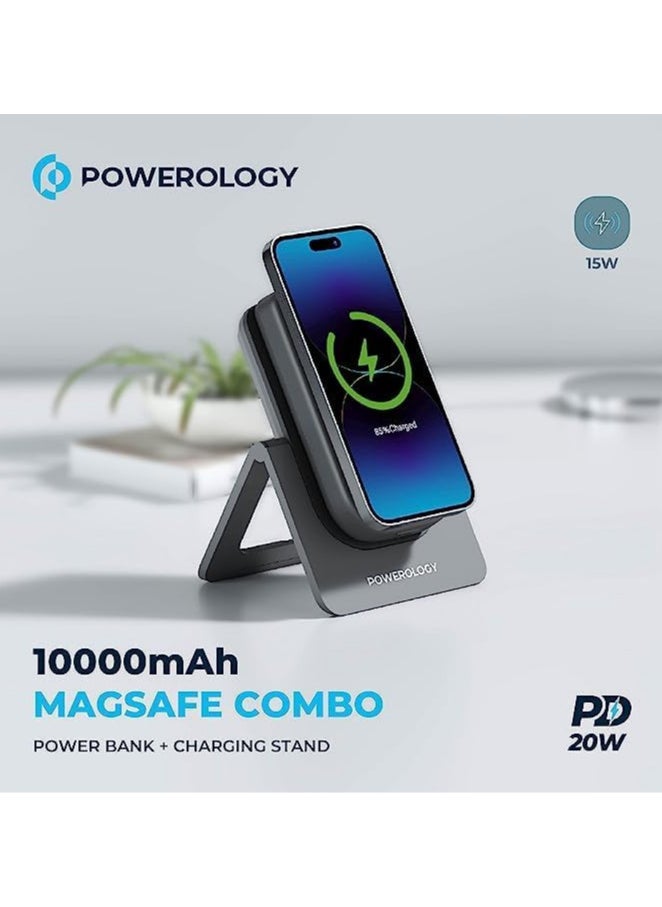 باورولوجي - Powerology 15W Wireless 10000mAh Magnetic Charging Combo (Power Bank + Charging Stand) Pass-Through Technology, Built-In Safeguards, USB-C Charging, PD 20W (Grey) - Image 1