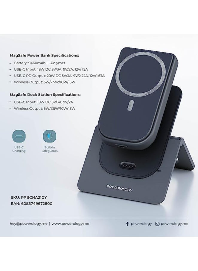 باورولوجي - Powerology 15W Wireless 10000mAh Magnetic Charging Combo (Power Bank + Charging Stand) Pass-Through Technology, Built-In Safeguards, USB-C Charging, PD 20W (Grey) - Image 1