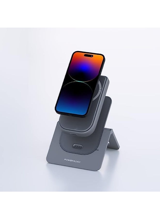 باورولوجي - Powerology 15W Wireless 10000mAh Magnetic Charging Combo (Power Bank + Charging Stand) Pass-Through Technology, Built-In Safeguards, USB-C Charging, PD 20W (Grey) - Image 1