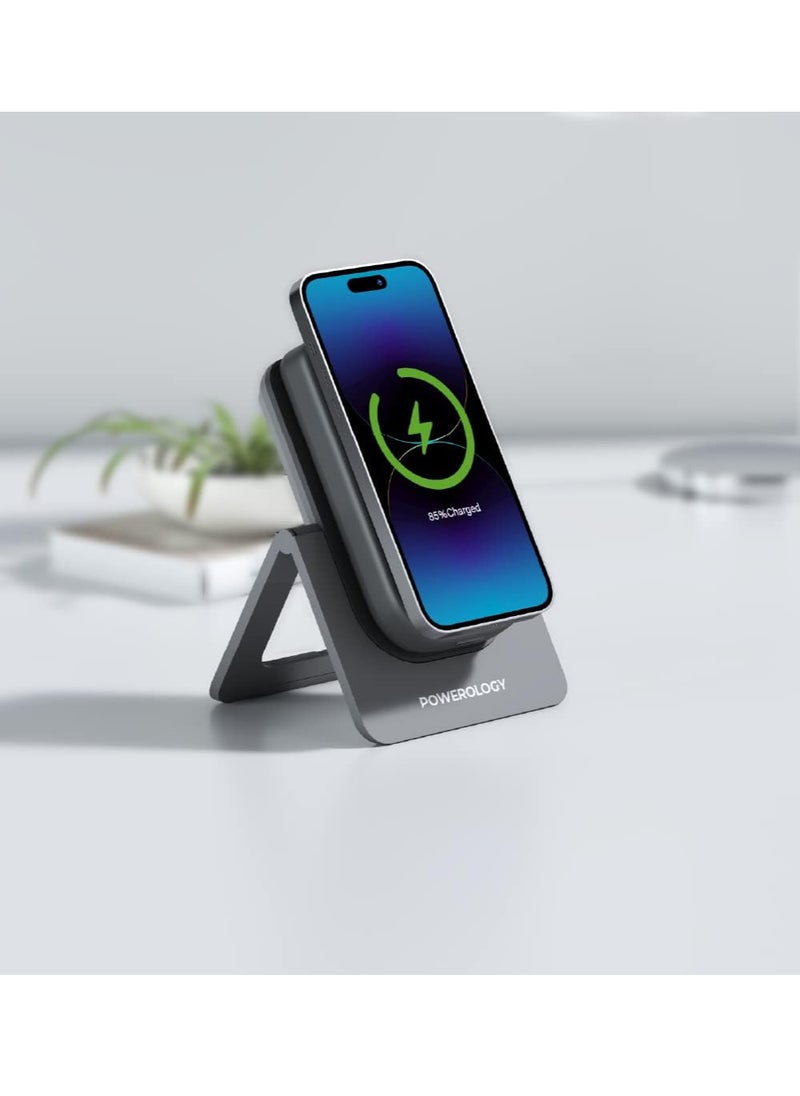 باورولوجي - Powerology 15W Wireless 10000mAh Magnetic Charging Combo (Power Bank + Charging Stand) Pass-Through Technology, Built-In Safeguards, USB-C Charging, PD 20W (Grey) - Image 1