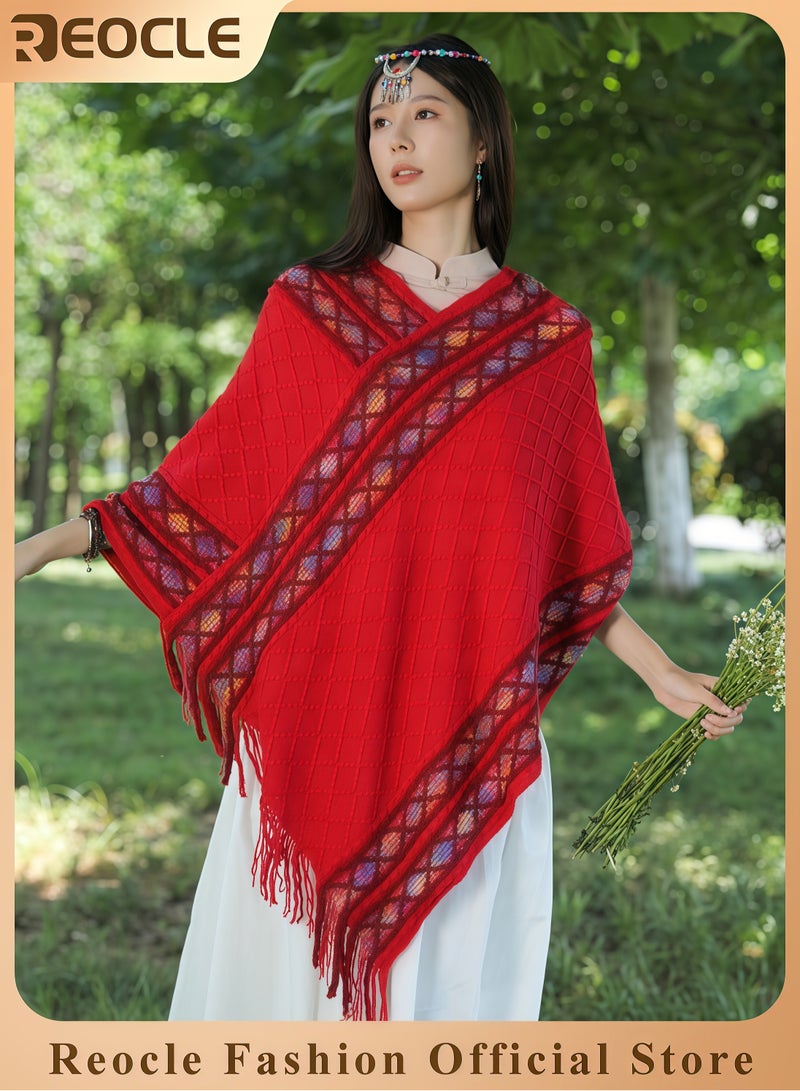 REOCLE Women's Shawl Wraps Travel Plaid Poncho Cape Warm Poncho Wrap Cardigan with Fringed V-Neck Striped Sweater Pullover Cape - Image 1