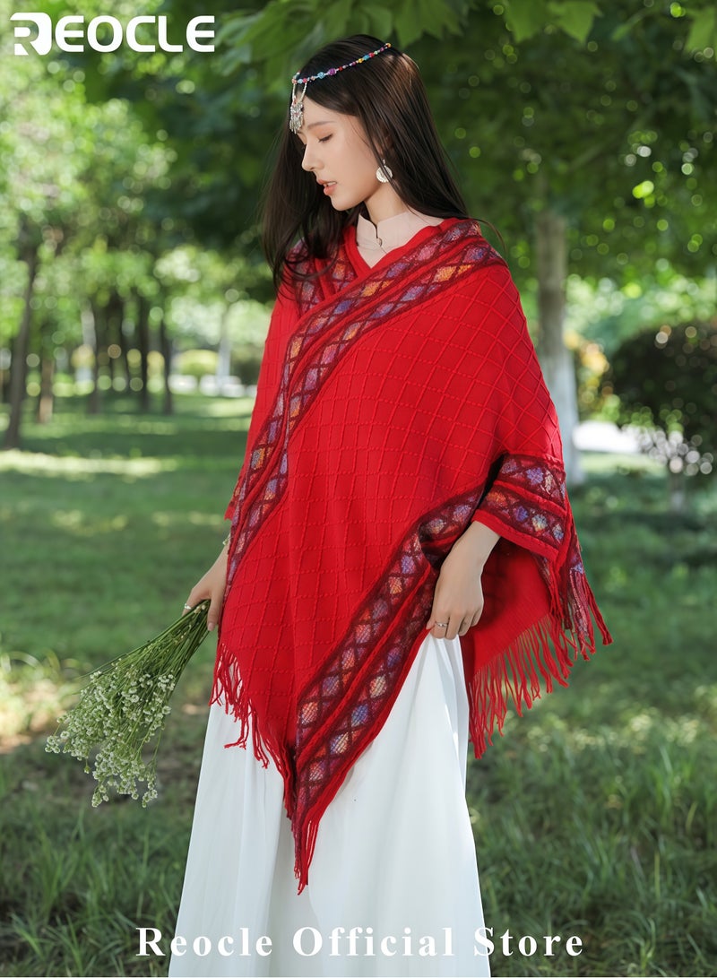 REOCLE Women's Shawl Wraps Travel Plaid Poncho Cape Warm Poncho Wrap Cardigan with Fringed V-Neck Striped Sweater Pullover Cape - Image 2