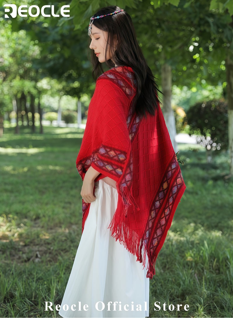 REOCLE Women's Shawl Wraps Travel Plaid Poncho Cape Warm Poncho Wrap Cardigan with Fringed V-Neck Striped Sweater Pullover Cape - Image 3