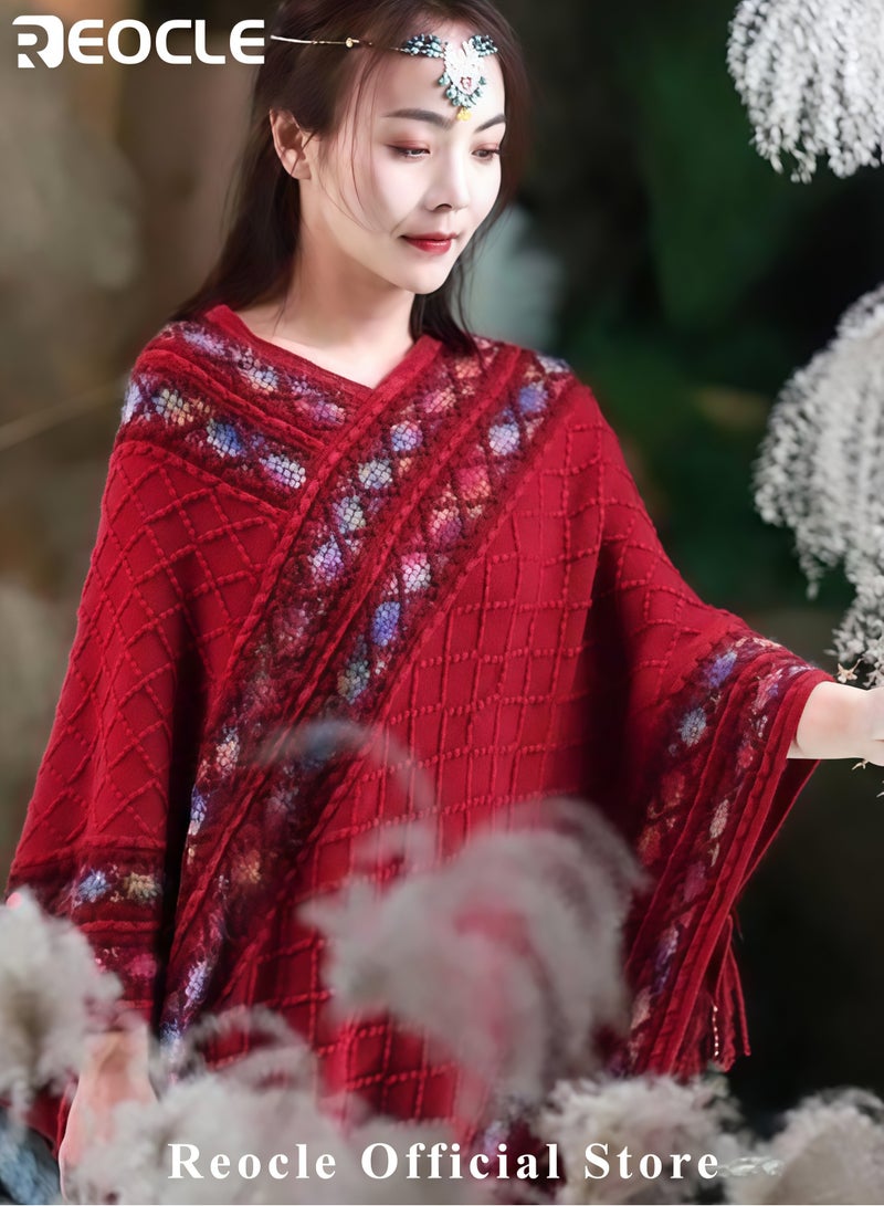 REOCLE Women's Shawl Wraps Travel Plaid Poncho Cape Warm Poncho Wrap Cardigan with Fringed V-Neck Striped Sweater Pullover Cape - Image 4