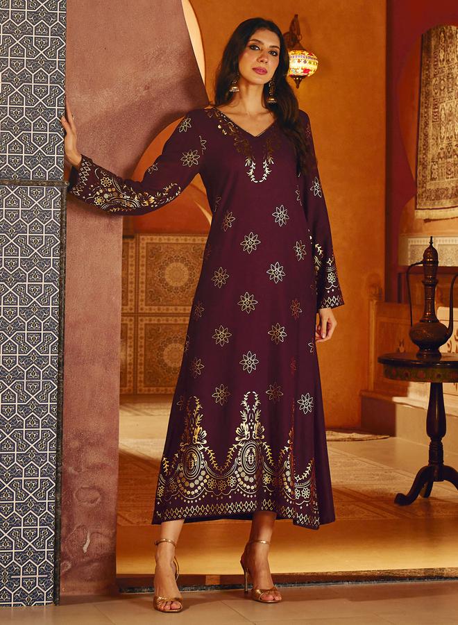 SASSAFRAS Burgundy Foil Print A-Line Jalabiya - Image 1