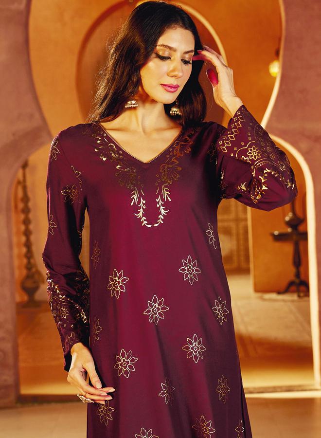 SASSAFRAS Burgundy Foil Print A-Line Jalabiya - Image 4