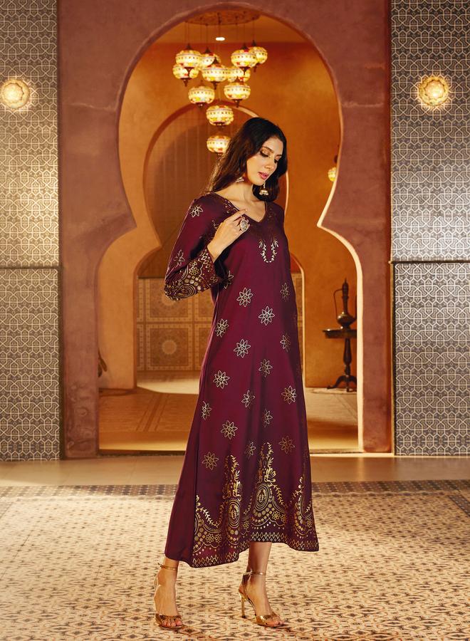 SASSAFRAS Burgundy Foil Print A-Line Jalabiya - Image 3