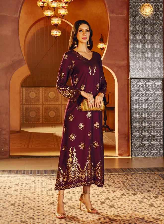 SASSAFRAS Burgundy Foil Print A-Line Jalabiya - Image 2