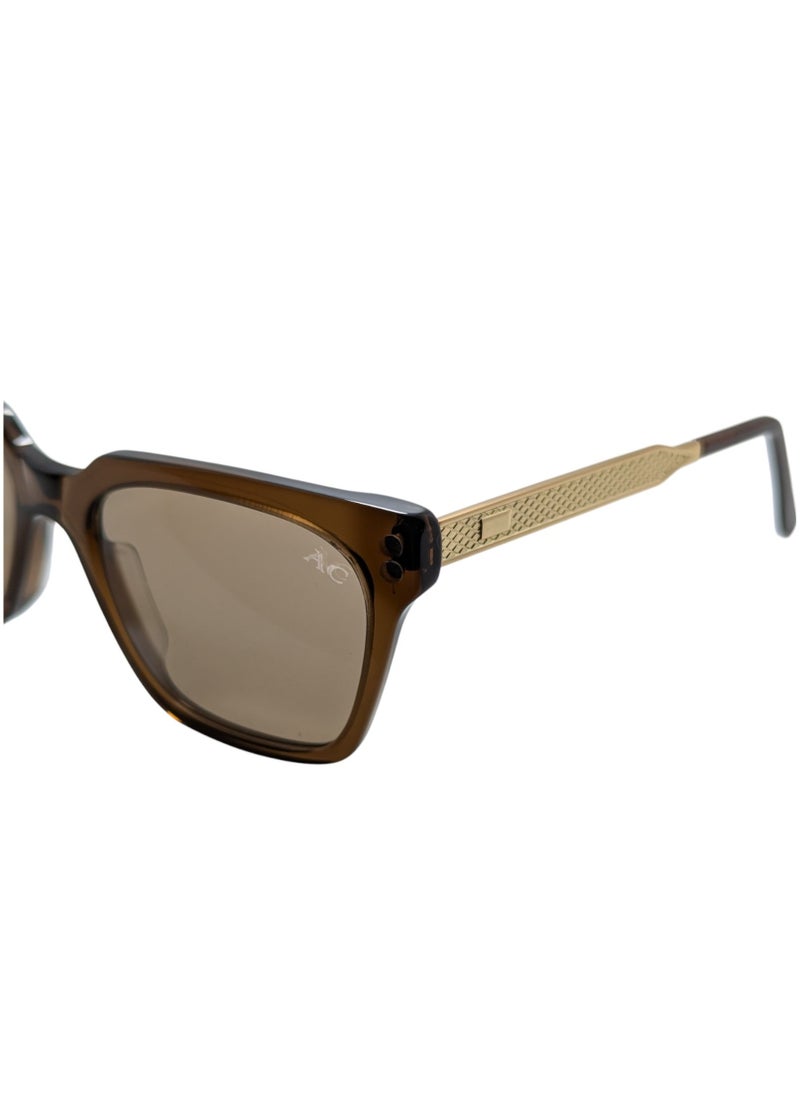 Armando Cavelli - Authentic Armando Cavelli sunglasses, crafted from carefully selected premium acetate for a luxurious look and longevity with extensive use. This model combines modernity and classic style, with a raw brown acetate front and golden -plated metal temples to complete your luxury look. Comes with premium polymer lenses offer UV400 protection in a light brown - Image 1