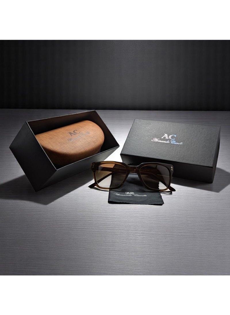 Armando Cavelli - Authentic Armando Cavelli sunglasses, crafted from carefully selected premium acetate for a luxurious look and longevity with extensive use. This model combines modernity and classic style, with a raw brown acetate front and golden -plated metal temples to complete your luxury look. Comes with premium polymer lenses offer UV400 protection in a light brown - Image 1