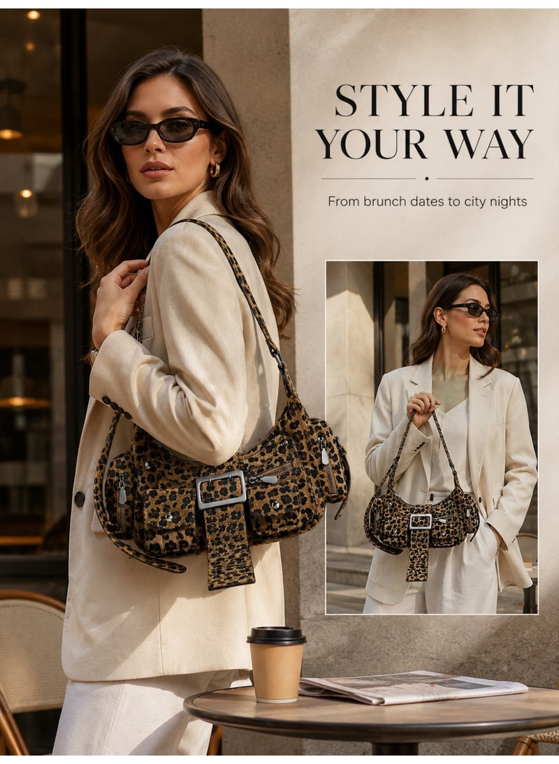 Leopard Print Shoulder Bag For Women, Wild Chic Statement Handbag With Adjustable Strap, Front Buckle, Multi-Pocket Storage And Zip Closure, Brown/Black - Image 4