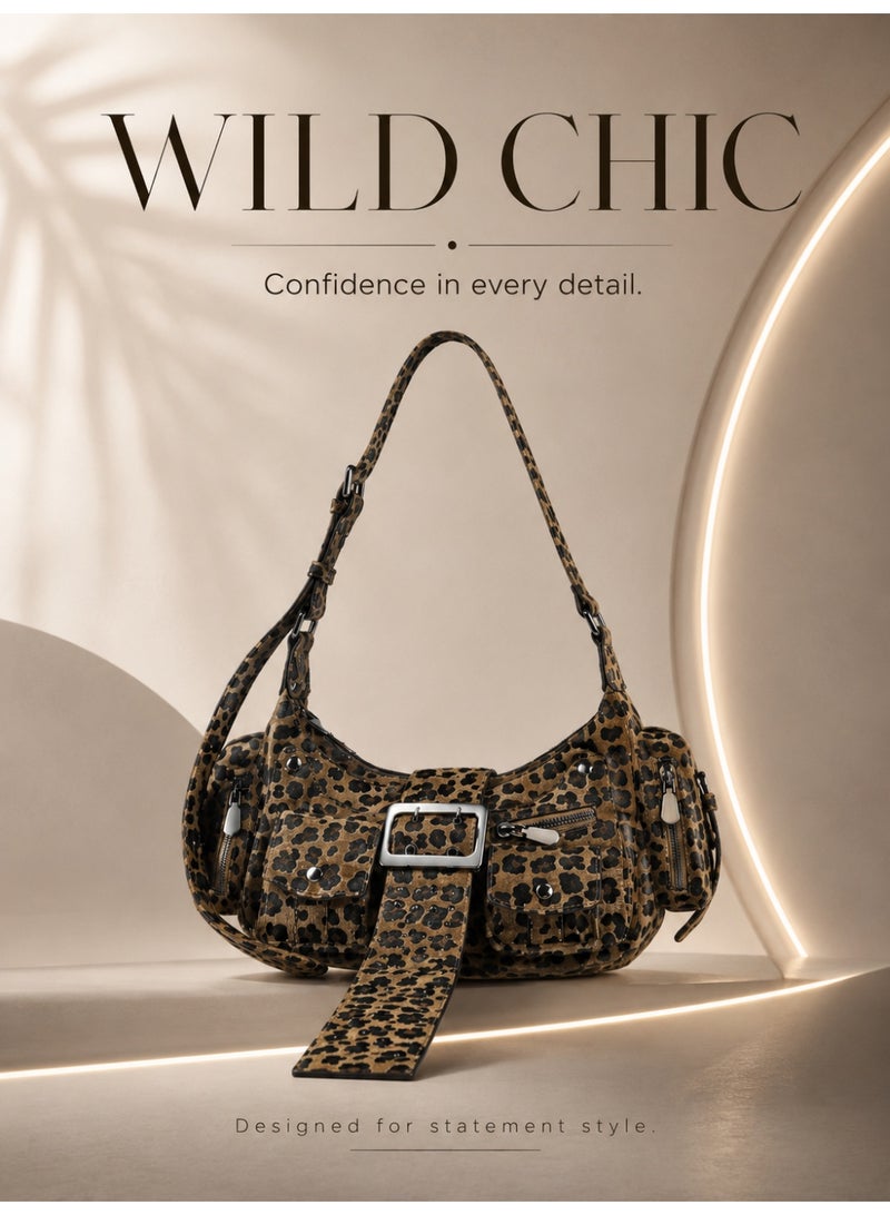 Leopard Print Shoulder Bag For Women, Wild Chic Statement Handbag With Adjustable Strap, Front Buckle, Multi-Pocket Storage And Zip Closure, Brown/Black - Image 1