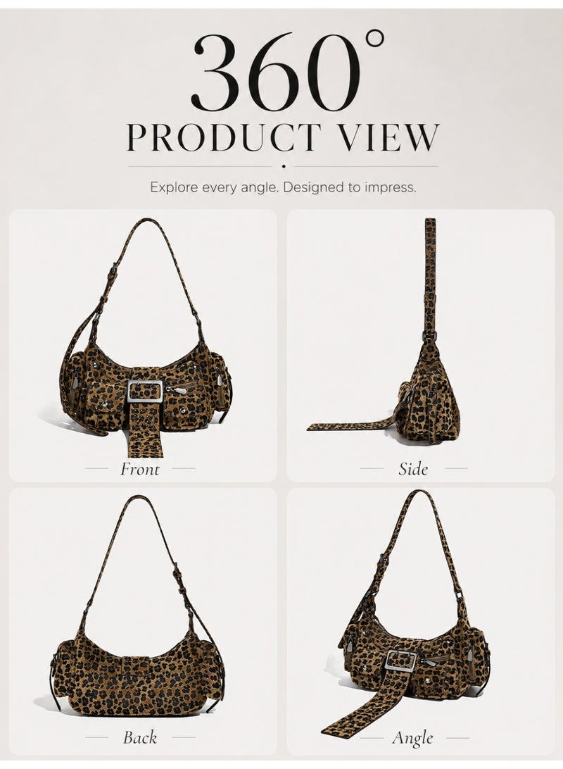 Leopard Print Shoulder Bag For Women, Wild Chic Statement Handbag With Adjustable Strap, Front Buckle, Multi-Pocket Storage And Zip Closure, Brown/Black - Image 2