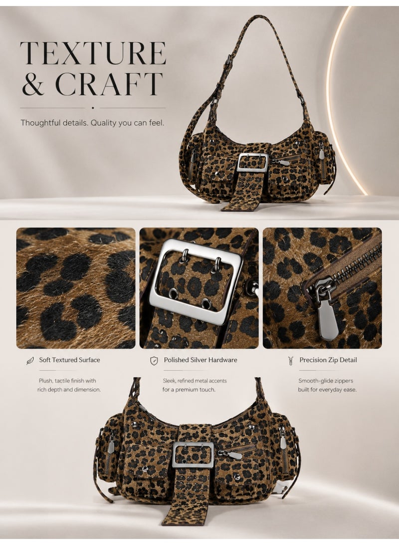 Leopard Print Shoulder Bag For Women, Wild Chic Statement Handbag With Adjustable Strap, Front Buckle, Multi-Pocket Storage And Zip Closure, Brown/Black - Image 5
