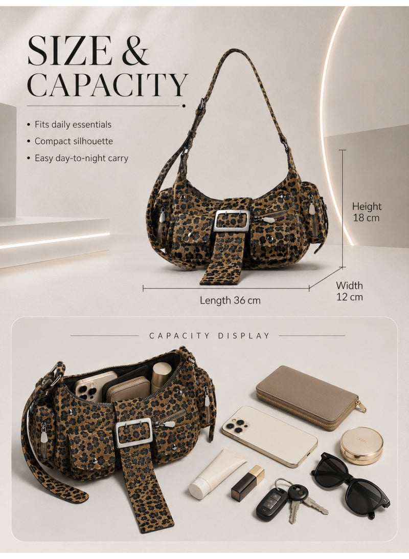 Leopard Print Shoulder Bag For Women, Wild Chic Statement Handbag With Adjustable Strap, Front Buckle, Multi-Pocket Storage And Zip Closure, Brown/Black - Image 3