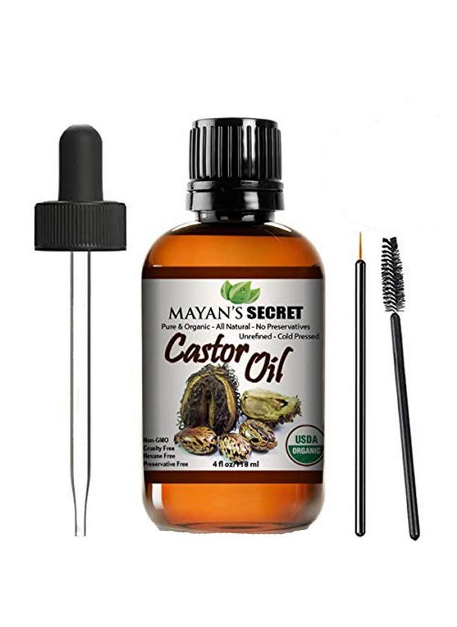 Mayan's Secret Mayan's Secret - 4oz Pure Castor Oil Organic Cold Pressed Unrefined Glass Bottle Hexane Free Hair Oil for Hair Growth, Eyelashes, Eyebrows - Oil for Skin, Face, Body  - Image 1