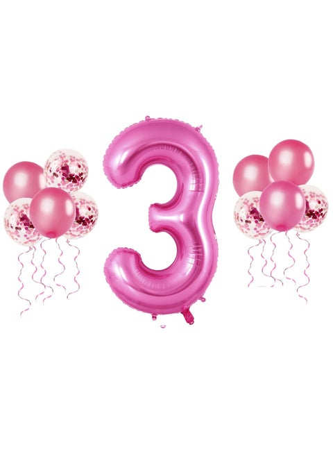 40 بوصة الوردي رقم 3 بالونات عيد الميلاد الثالث 10 قطع الوردي اللاتكس وبالونات النثار للطفل صبي فتاة زينة عيد ميلاد الثالث الذكرى السنوية