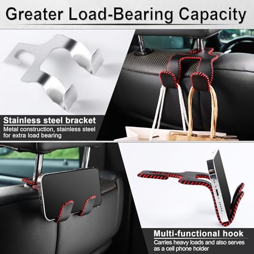 LivTee Upgraded Superior Leather Car Seat Back Headrest Hook, 2 in 1 Auto Seat Hook Hangers Holder Organization Interior Accessories for Purses Coats Umbrellas Grocery Bags Handbag (Black/Red) - Image 4