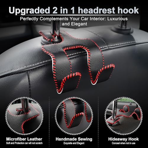 LivTee Upgraded Superior Leather Car Seat Back Headrest Hook, 2 in 1 Auto Seat Hook Hangers Holder Organization Interior Accessories for Purses Coats Umbrellas Grocery Bags Handbag (Black/Red) - Image 2