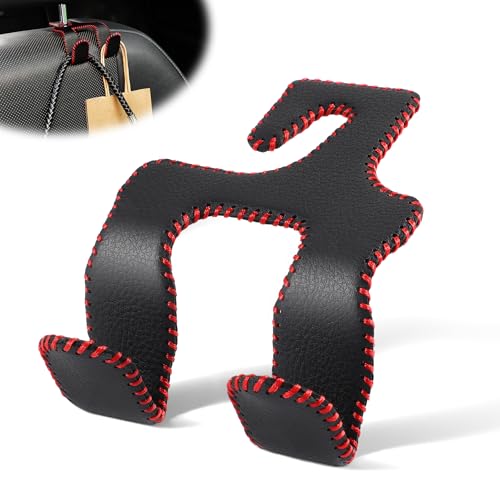 LivTee Upgraded Superior Leather Car Seat Back Headrest Hook, 2 in 1 Auto Seat Hook Hangers Holder Organization Interior Accessories for Purses Coats Umbrellas Grocery Bags Handbag (Black/Red) - Image 1