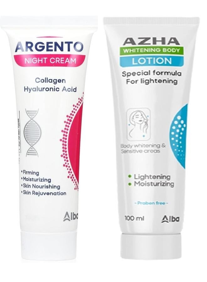 أزهى مجموعه من قطعتين لوشن تبييض الجسم تركيبة خاصة للتفتيح 100جم+أرجنتو كريم ليلي بالكولاجين وحمض الهيالورونيك من ارجنتو - 30جرام - Image 1
