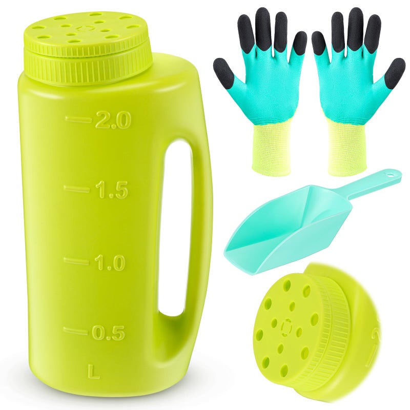 Tioncy Handheld Spreader Set with Scoop and Gloves for Salt Spreader, Ice Melt, Seed, Deicing and Fertilizer, Adjustable Portable Spreaders for Yard and Garden Snow Removal, up to 2l(Green) - Image 1