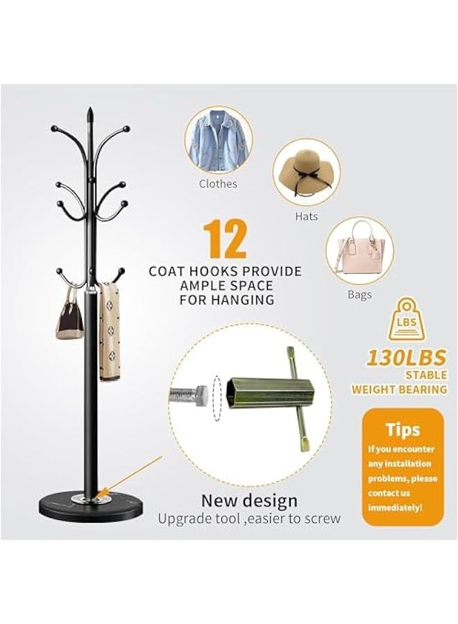 بيوينتي حامل معاطف معدني قائم بذاته من ميلند دي، شجرة قاعة قائمة بذاتها، منظم شماعات القبعات في مدخل المنزل مع قاعدة الرخام الطبيعي، رف معطف 12 خطاف ل الاوشحة والشنط والجاكيتات (اسود)، مايليندي - Image 3