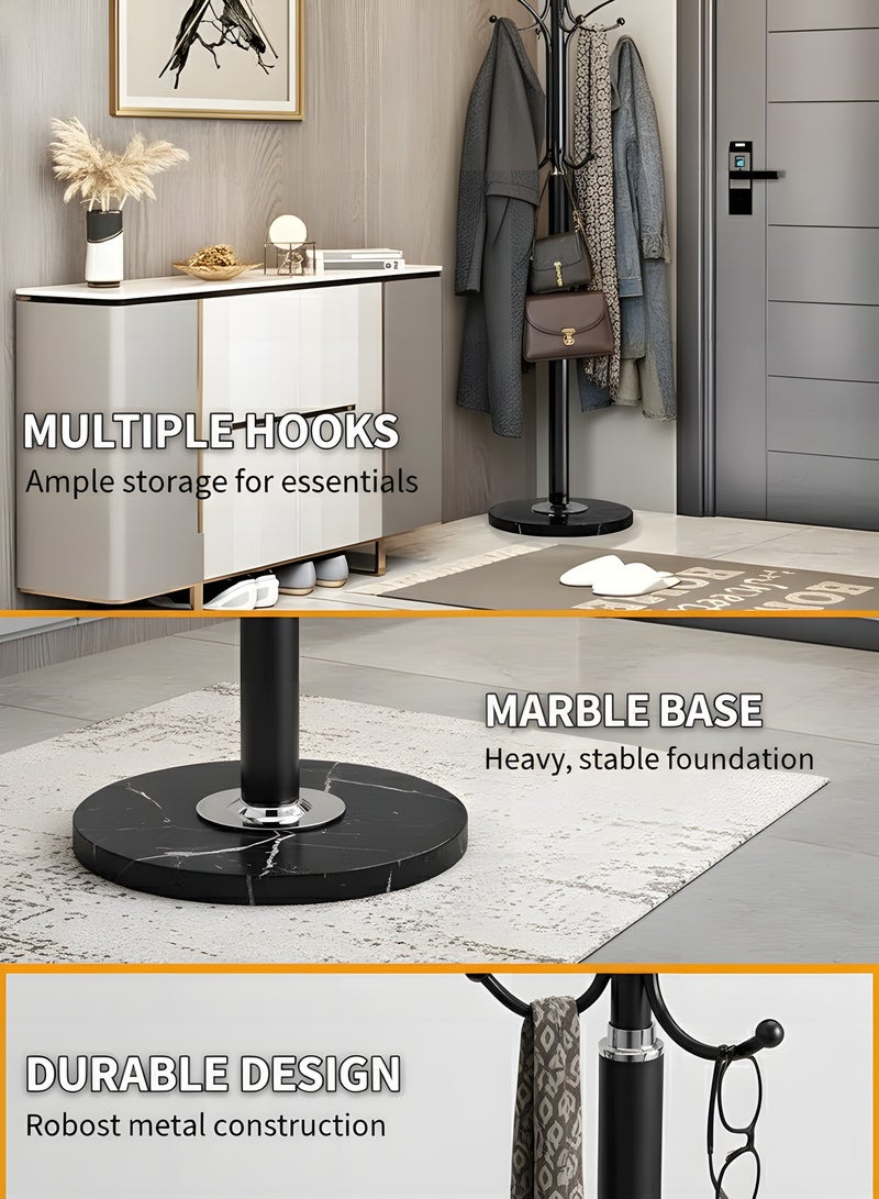 Beauenty Metal Coat Rack Stand, Free Standing Hall Tree, Home Entry-way Hat Hanger Organizer with Natural Marble Base, Coat Rack Freestanding with 12 Hooks for Hanging Scarf, Bag, Jacket (Black) - Image 2