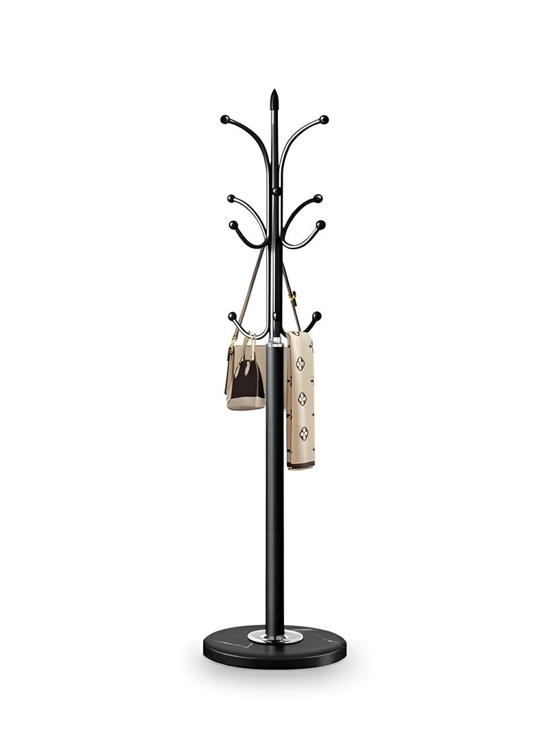 Beauenty Metal Coat Rack Stand, Free Standing Hall Tree, Home Entry-way Hat Hanger Organizer with Natural Marble Base, Coat Rack Freestanding with 12 Hooks for Hanging Scarf, Bag, Jacket (Black) - Image 1