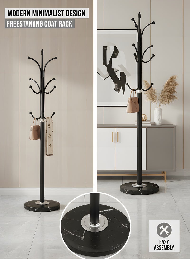 Beauenty Metal Coat Rack Stand, Free Standing Hall Tree, Home Entry-way Hat Hanger Organizer with Natural Marble Base, Coat Rack Freestanding with 12 Hooks for Hanging Scarf, Bag, Jacket (Black) - Image 3