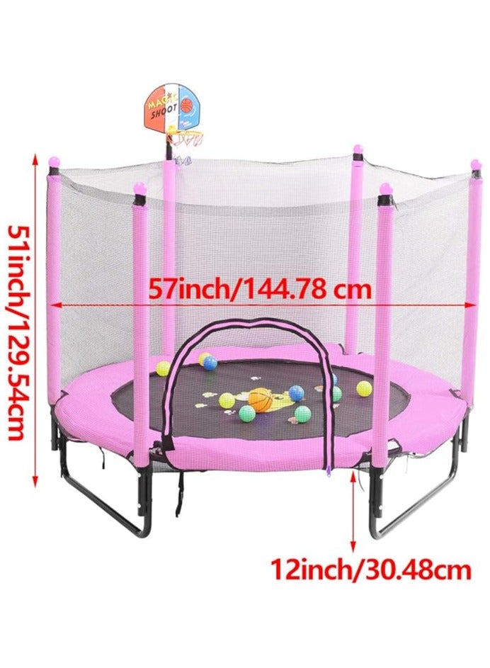 Generic Trampoline for Kids 5 FT Indoor Outdoor Toddler Trampoline Bulit-in Zipper Heavy Duty Steel Frame with Basketball Hoop, Rubber Ball and Safety Net (Pink) - Image 4