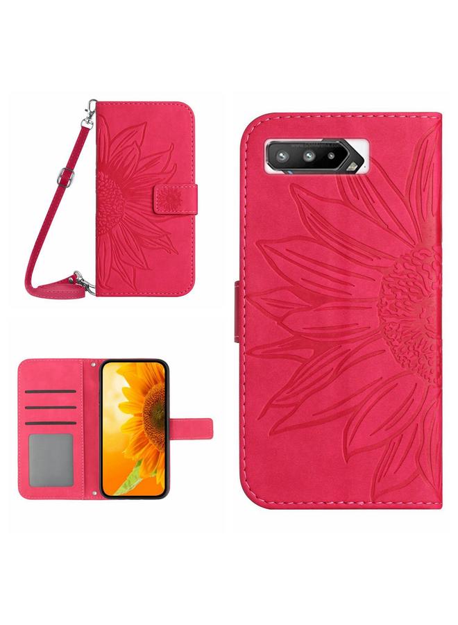 اس-توب جراب لهاتف Asus ROG Phone 5 ZS673KS مصنوع من الجلد بتصميم زهرة الشمس مع حبل تعليق - Image 1