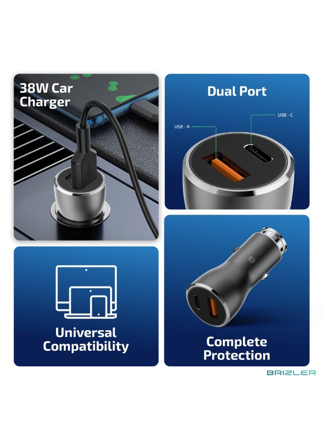 BRIZLER 38W Dual Port Car Charger – PD 20W USB-C & QC 3.0 USB-A Fast Charging Adapter – BZ-CC100 – Black - Image 2