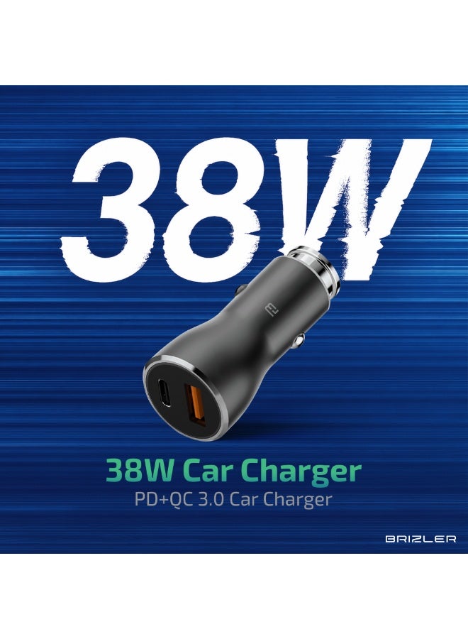 BRIZLER 38W Dual Port Car Charger – PD 20W USB-C & QC 3.0 USB-A Fast Charging Adapter – BZ-CC100 – Black - Image 3