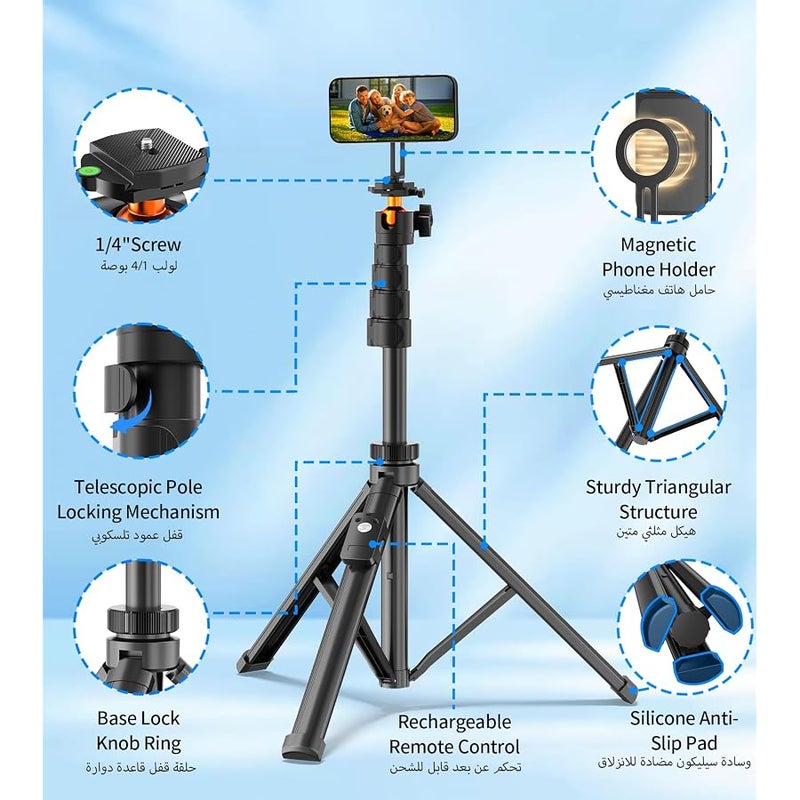 XXZU اكس اكس زي يو حامل ثلاثي مغناطيسي للموبايل 175 سم مع جهاز تحكم عن بعد، حامل كاميرا ثلاثي القوائم قابل للتعديل مع حامل جوال مغناطيسي، متوافق مع ايفون، اندرويد، دي اس ال ار، جهاز عرض، ضوء رنين - للسفر - Image 2