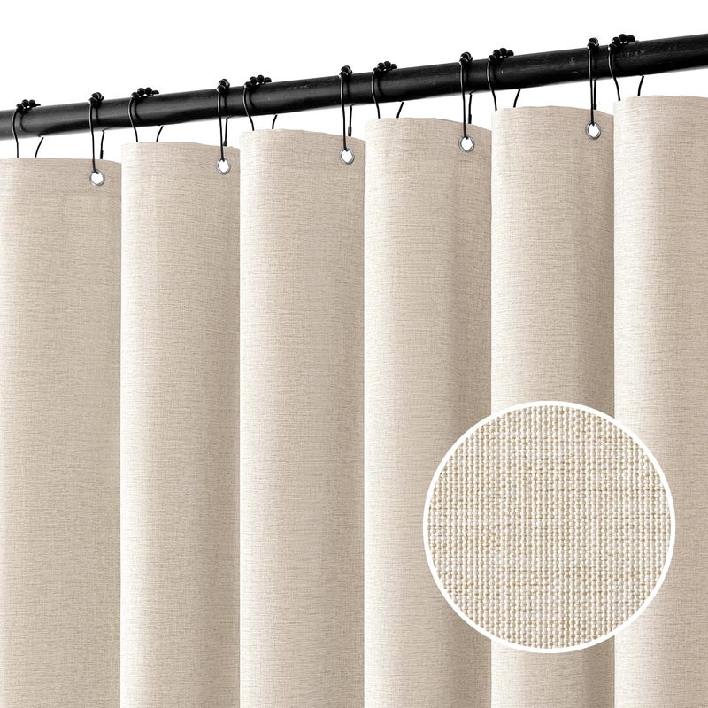 MIULEE Extra Long Linen Shower Curtain 90 Inches Long with 12 Metal Hooks Washable Beige Fabric Shower Curtain Set Waterproof Neutral Thick Cloth Shower Curtains for Bathroom Hotel Bathtub, Cream - Image 1