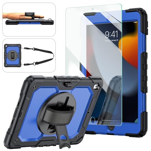 Ambison Case for iPad 9th/8th/7th Generation 10.2'' 2021/2020/2019, [Kid Proof] Full Body Protective Case with 9H Tempered Glass Screen Protector, 360° Rotatable Kickstand & Hand Strap (Blue & Black) - Image 1