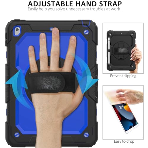 Ambison Case for iPad 9th/8th/7th Generation 10.2'' 2021/2020/2019, [Kid Proof] Full Body Protective Case with 9H Tempered Glass Screen Protector, 360° Rotatable Kickstand & Hand Strap (Blue & Black) - Image 5