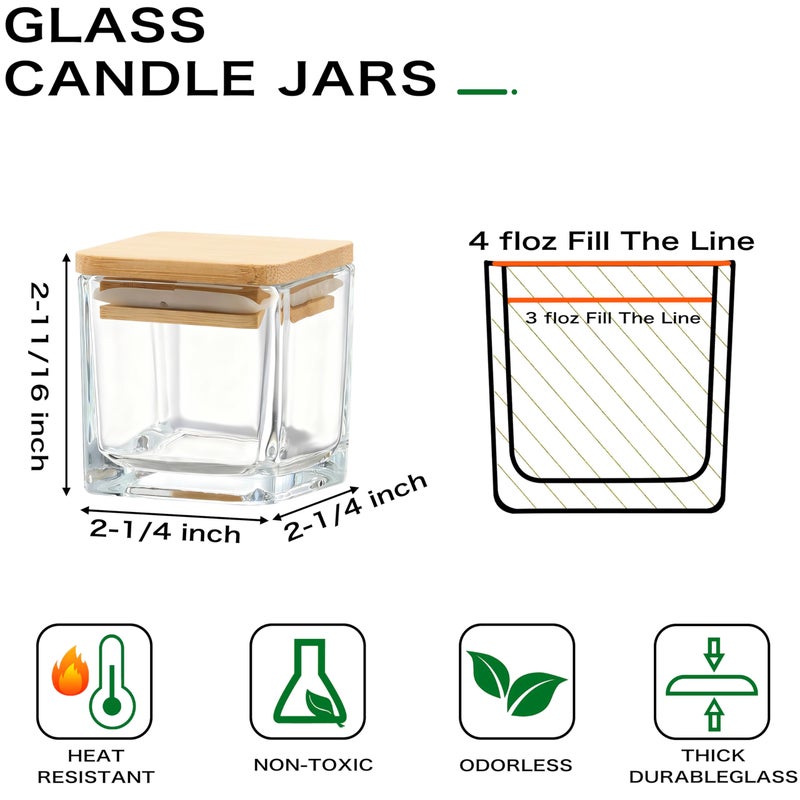 Danmu 4 oz Square Glass Jars with Bamboo Lids - Thick Bottom Clear Candle Making Jars, Empty Containers for DIY, Storage, Crafts, Wedding Favors 12 Pack - Image 2